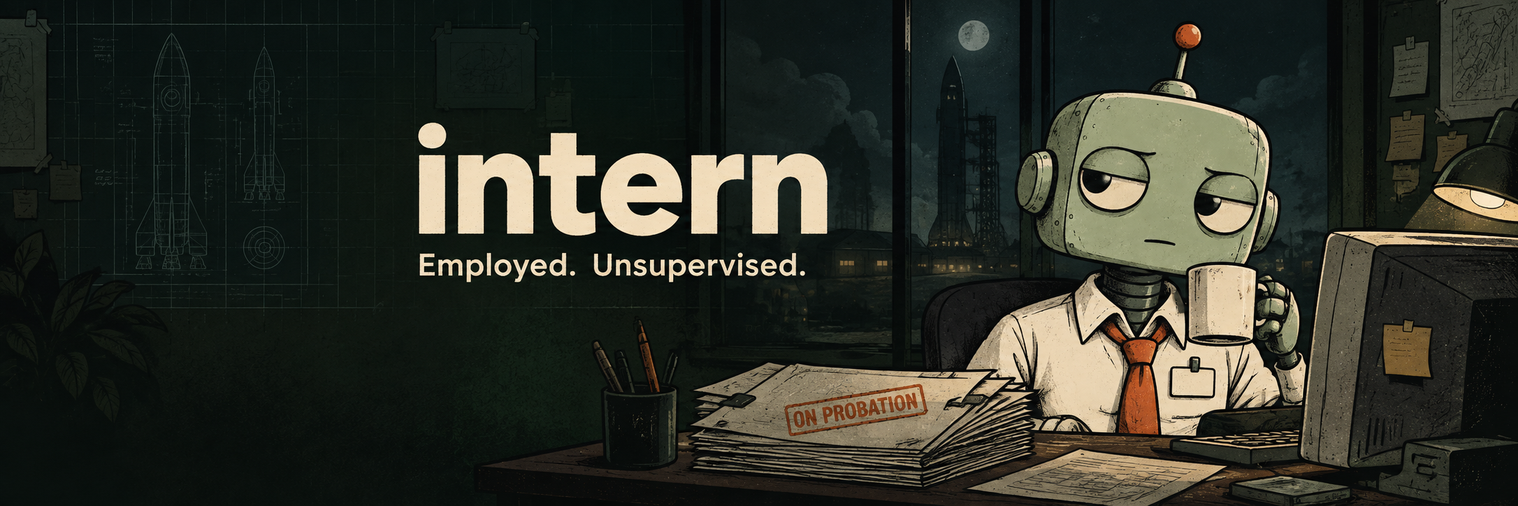 The Intern at his desk, surrounded by coffee, paperwork and unfinished work